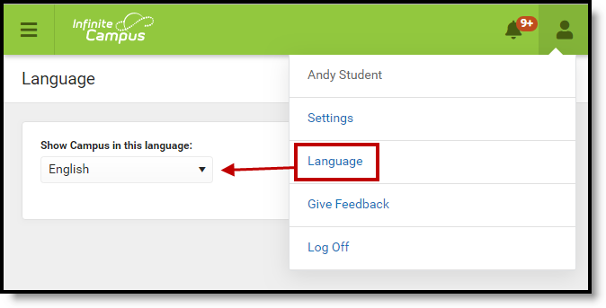 Screenshot showing how to change the language of Campus Student via the Language link in the user menu. 