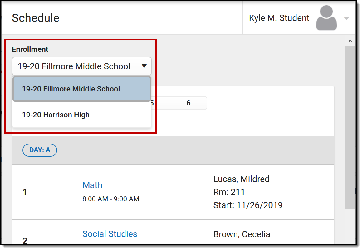 Select which enrollment to view if the student has multiple enrollments.