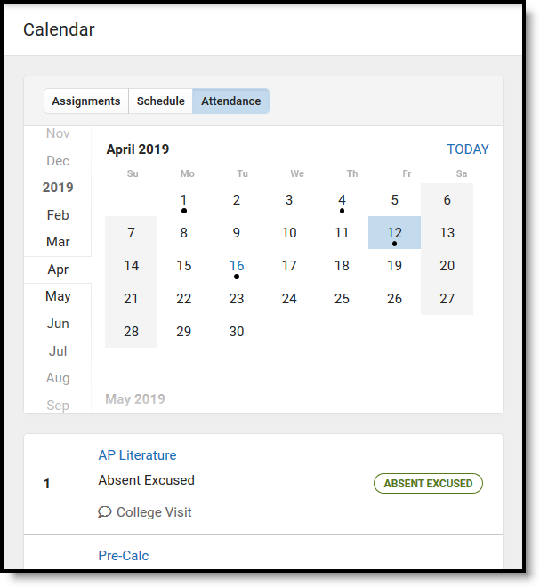 Screenshot of the calendar tool in campus parent.  