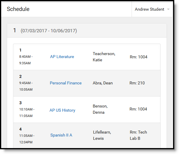 Screenshot of the schedule tool in campus parent.