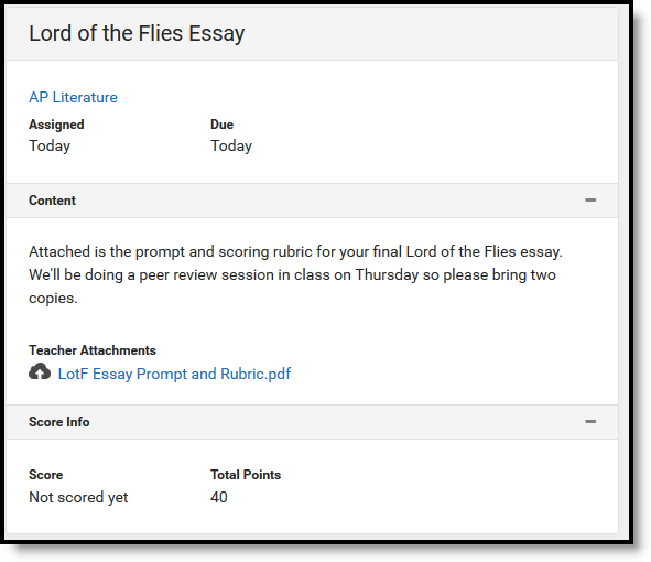 Screenshot of an assignment in Campus Parent with a summary and student submissions enabled and assignment details on the right. 