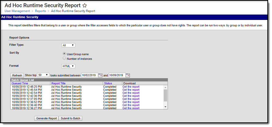 Screenshot of the Ad Hoc Runtime Security Report editor.