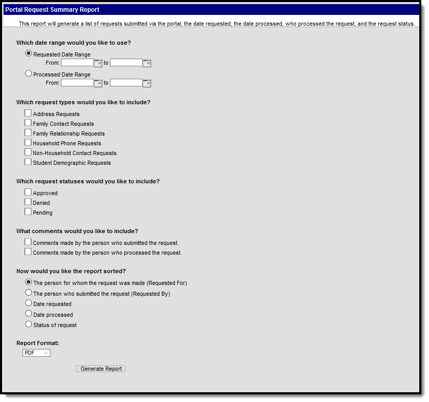 Screenshot of Portal Request Summary Report