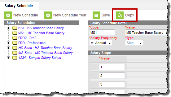 Screenshot of copy salary schedule button.