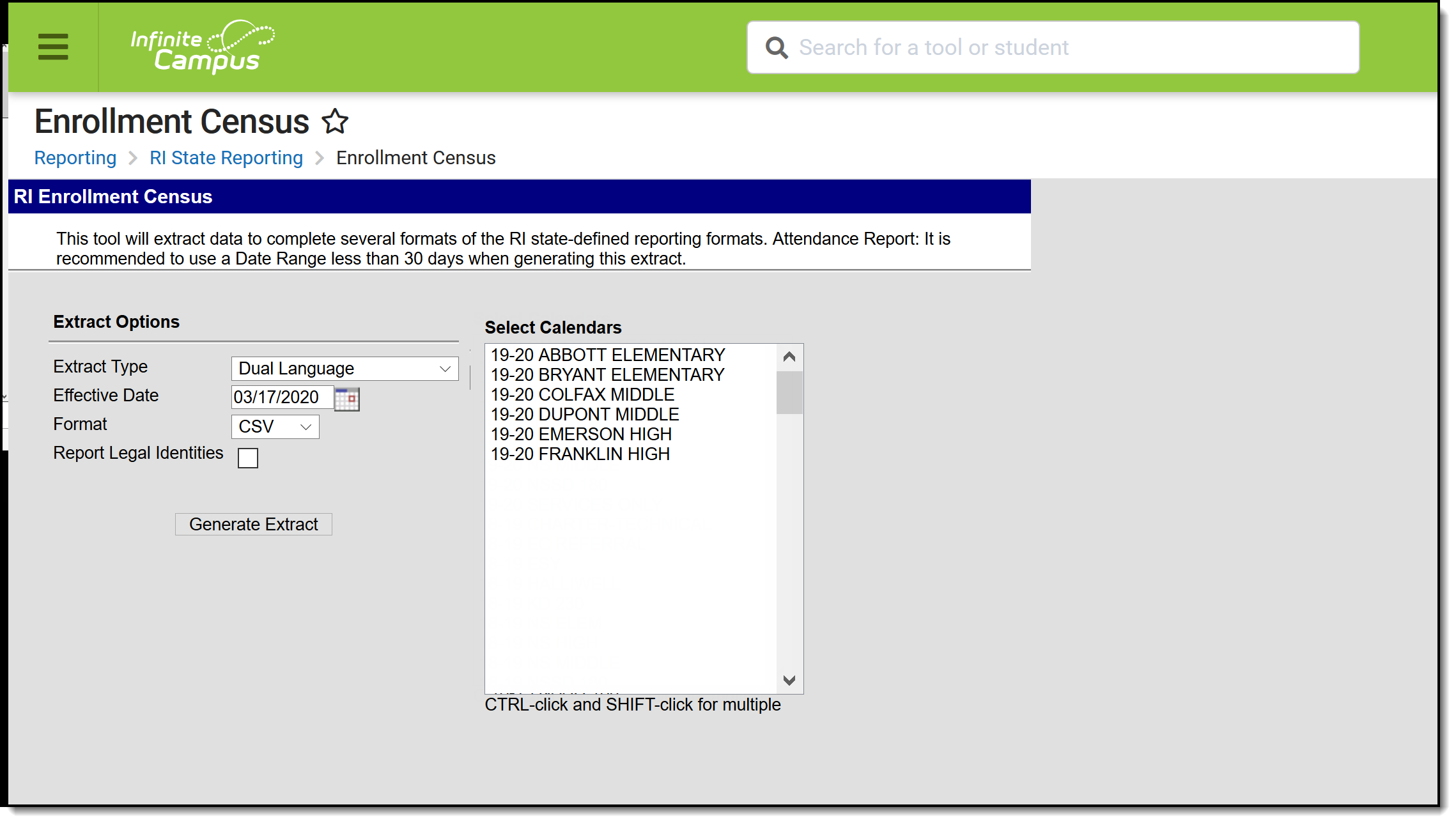 Screenshot of the Enrollment Census Dual Language Extract editor.
