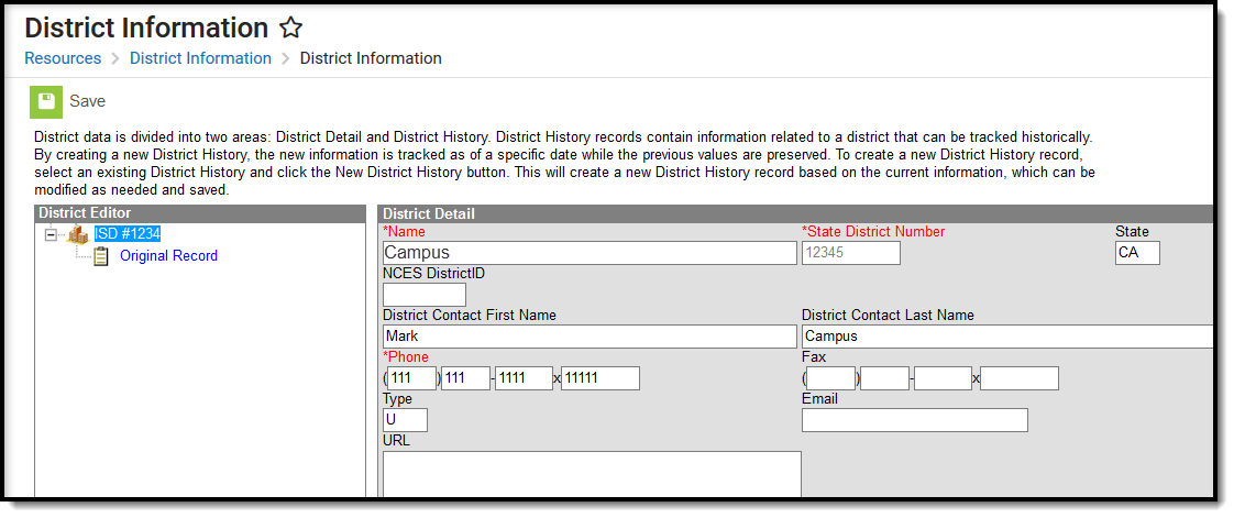 Screenshot of the District Information tool with the District Detail editor displayed.