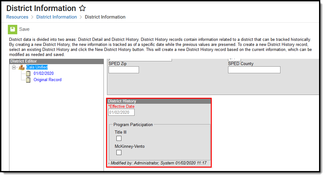 Screenshot of the District Detail editor with a callout around the District History editor. 