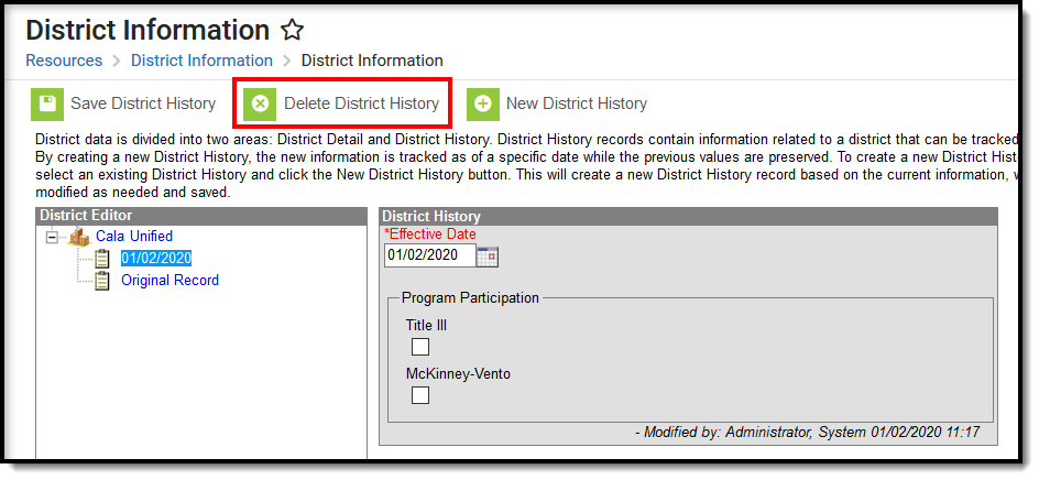 Screenshot of the District Information tool with a callout around the Delete District History button. 