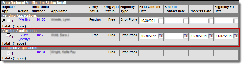 Screenshot of the Verification window. The Verified Applications editor is highlighted with the newly verified application.