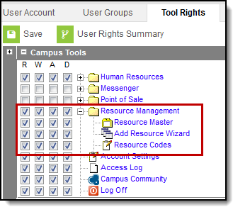 Screenshot of the Resource Management tool rights.