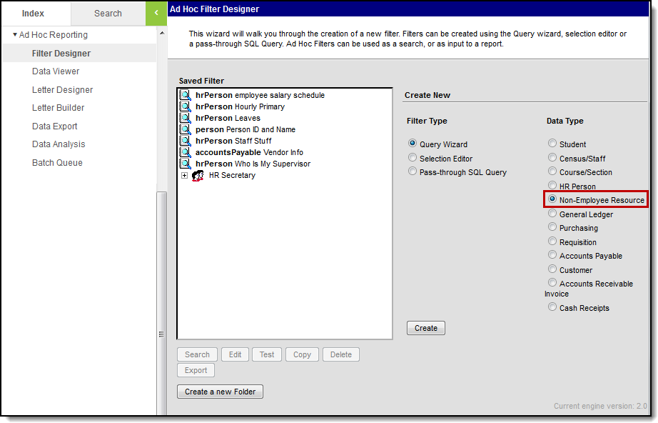 Screenshot of the Ad Hoc Filter Designer; the Non-Employee Resource Data Type is called out.