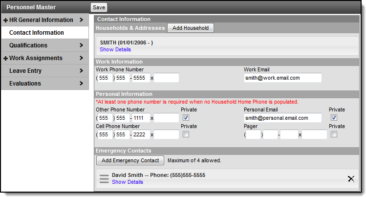 Screenshot of contact in the Personnel Master