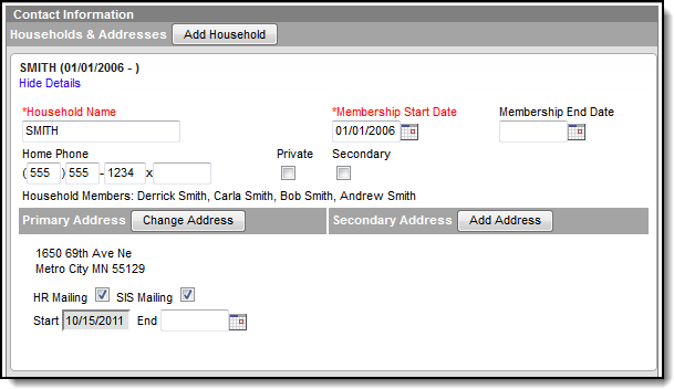 Screenshot of household with one primary address.