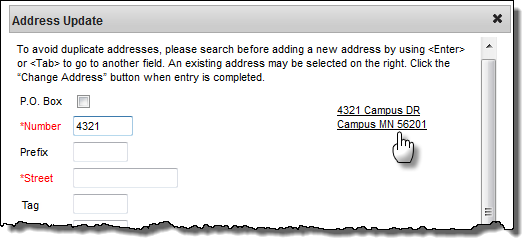 Screenshot of address update window