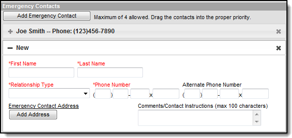 Screenshot of the new emergency contact fields