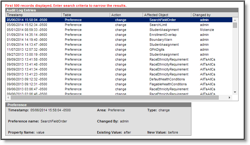 screenshot of an example of system preference changes appearing in the audit log