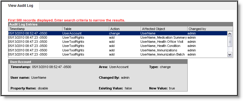 screenshot of the audit log showing modifications to a user's account information
