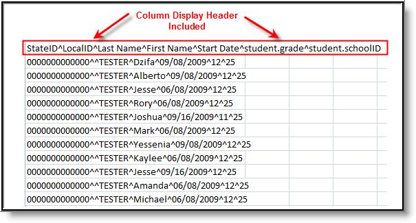 screenshot of the export generated in CSV Caret Delimited with Column Display Header Included format