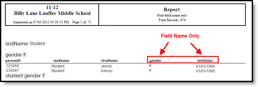 screenshot of the export generated in PDF field name only format