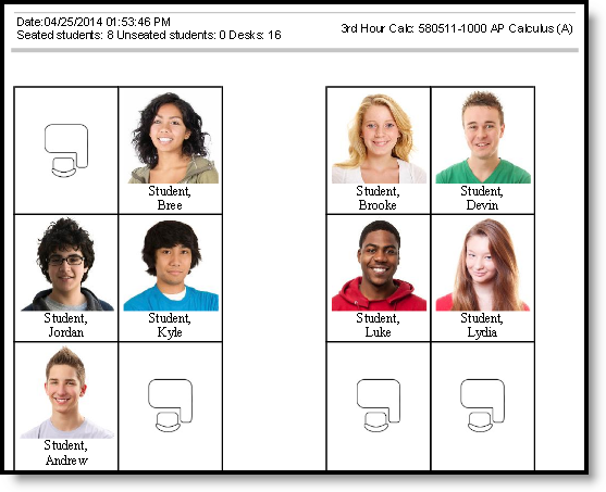 Screenshot of an example of a printed seating chart with pictures included. 