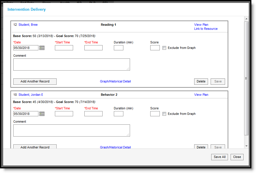 Screenshot of the Intervention Delivery window listing students for whom interventions can be recorded. 