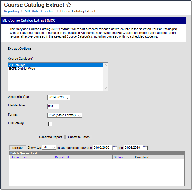 Image of the Course Catalog Extract Editor.