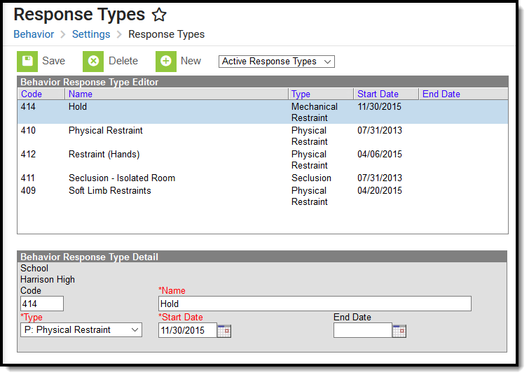 Screenshot of Behavior Response Types Editor