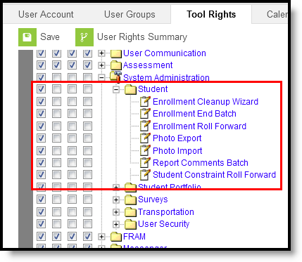 Screenshot of the Student Admin Tool Rights