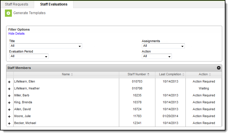 Screenshot of the Generate Templates window on the Staff Evaluations tool.
