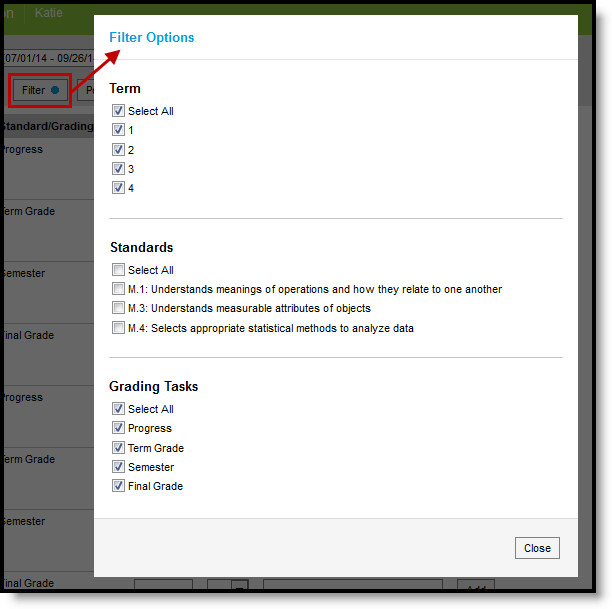 Screenshot of the Filter Options where the tool can be filtered by Term, Standards, or Grading Tasks.