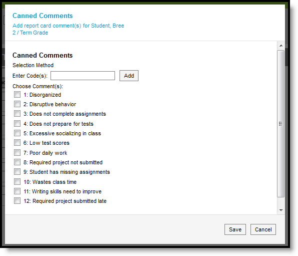 Screenshot of the canned comments window. 