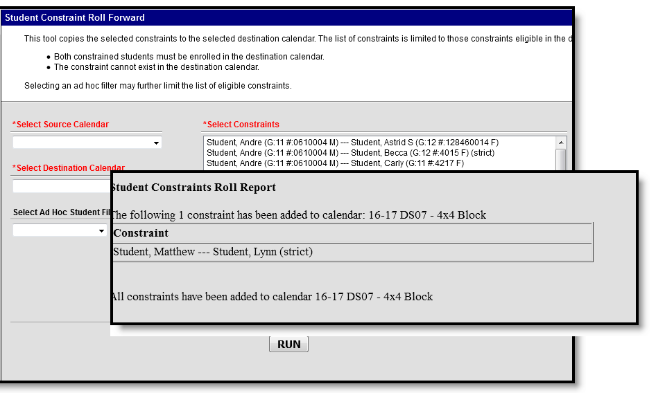 Screenshot of the Summary Report that displays after rolling forward student constraints. 