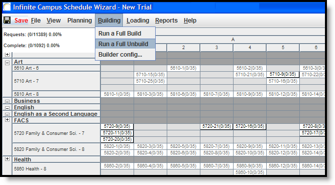 Screenshot of how to unbuild a schedule. 