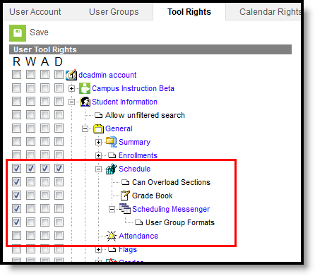 Screenshot of the Student Schedult Tool Rights