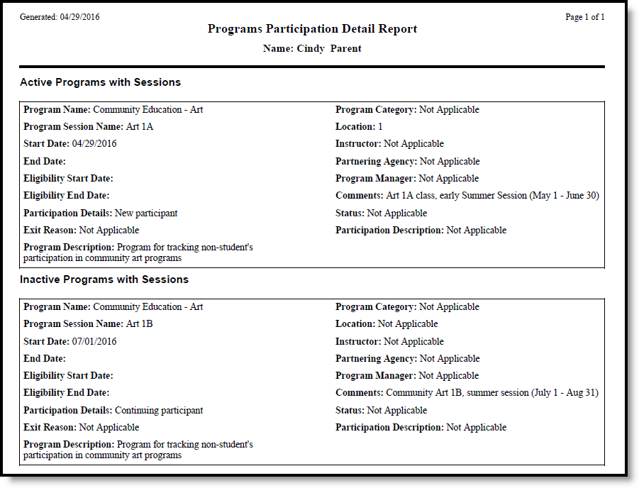 Screenshot of a student's Program Participation Detail report