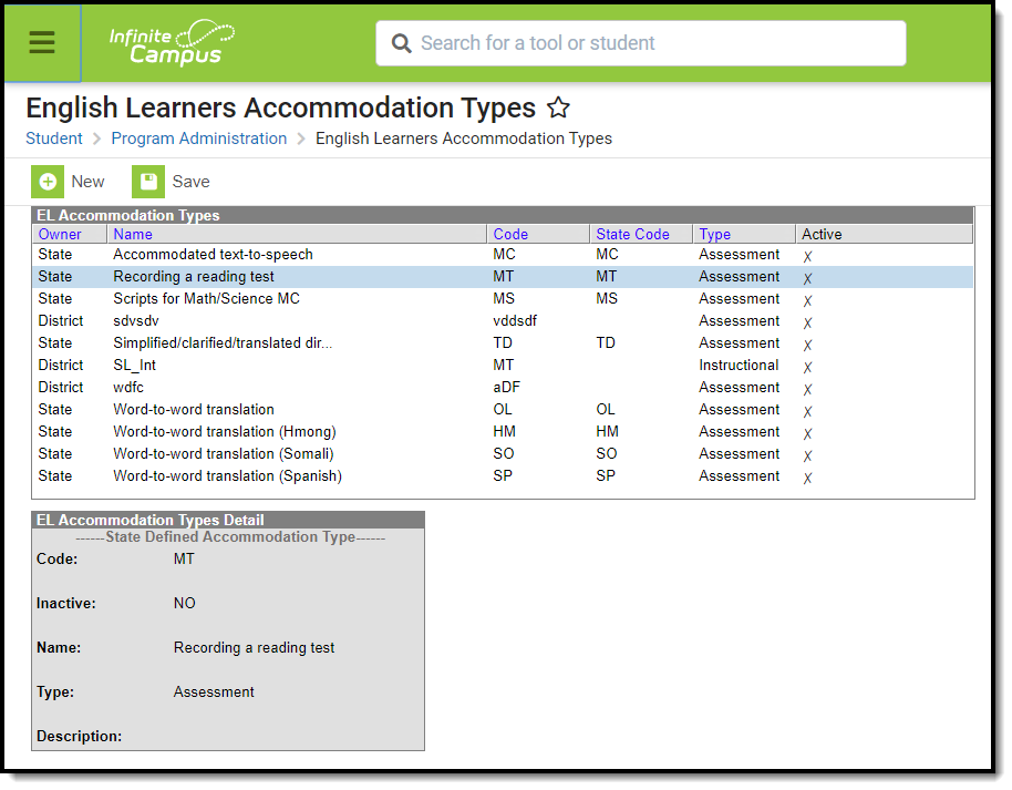 Screenshot of EL Accommodation Types editor with detail for a type expanded.