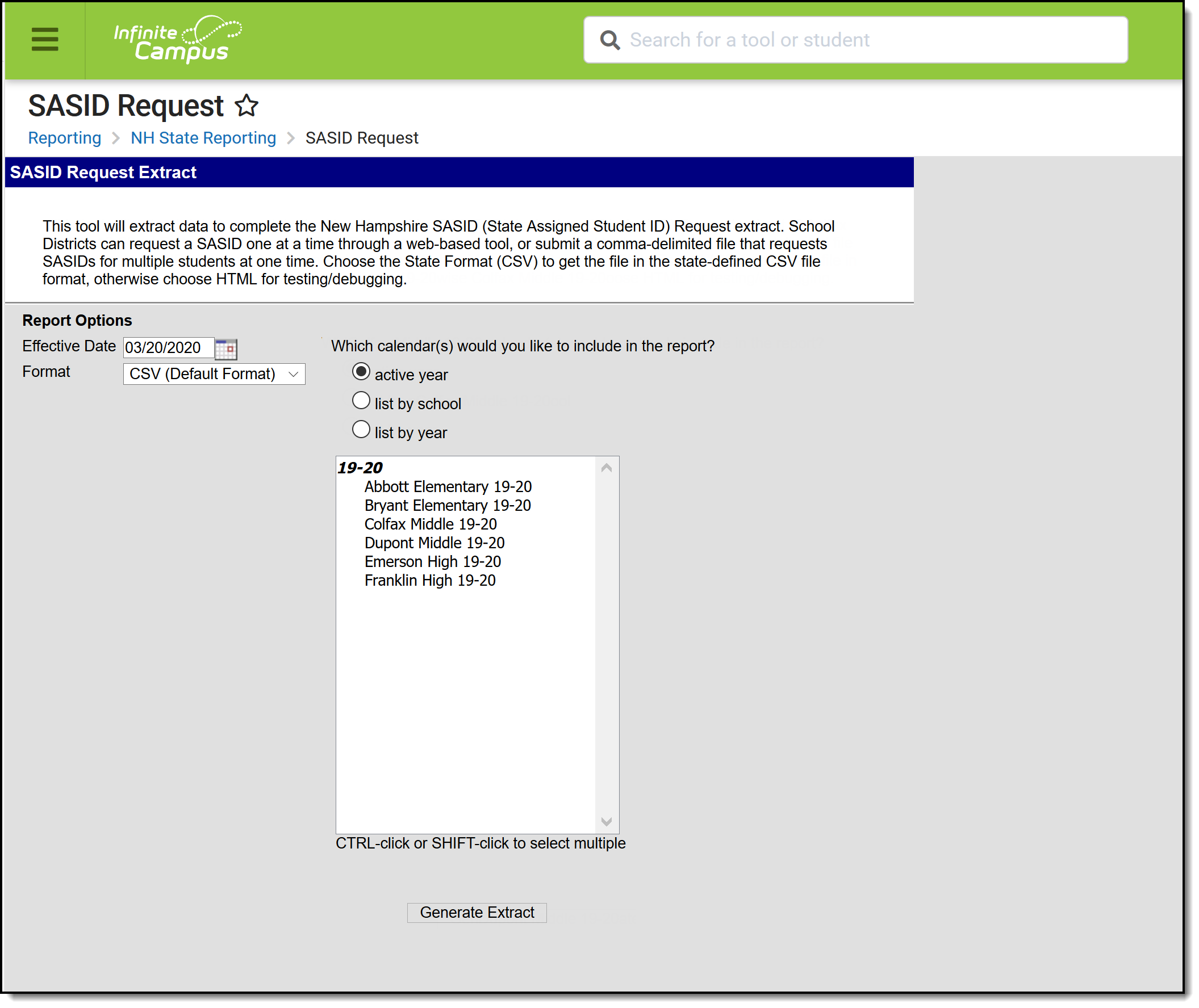 Screenshot of the SASID Request extract editor.