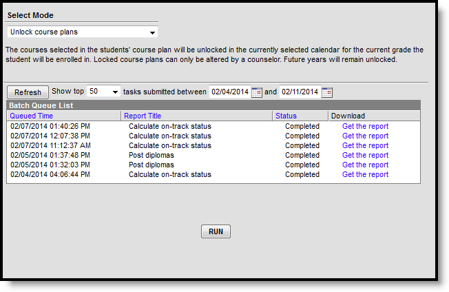 Screenshot of the Course Plan Administration tool in Unlock Course Plans mode. 