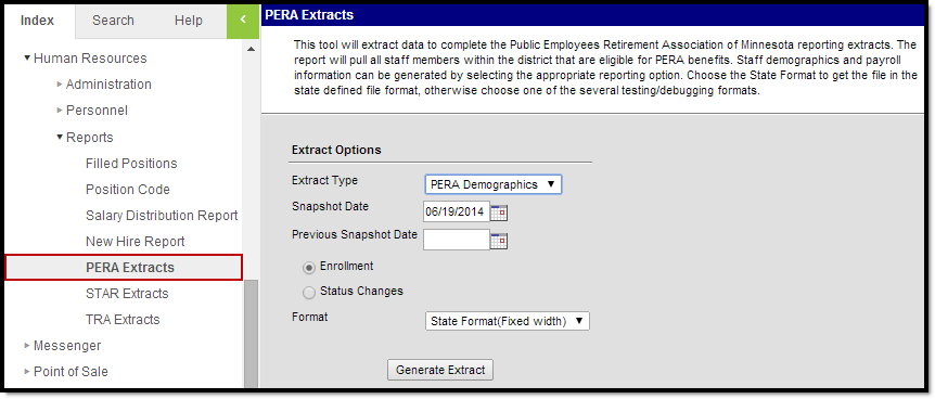 Screenshot of the PERA Demographics and Contributions Reports Extract Editor.