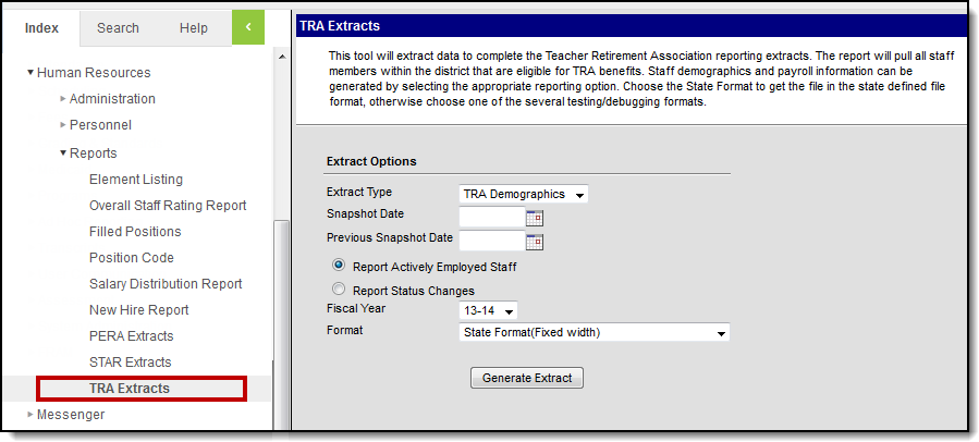 Screenshot of the TRA Demographics Extract Editor.