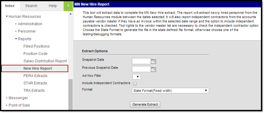 Screenshot of the New Hire Report Extract Editor.