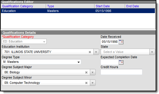 Screenshot of the fields that display when a Qualification Category of Education is selected. 
