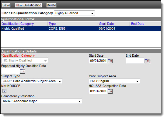 Screenshot of the fields that display when a Qualification Category of Highly Qualified is selected. 