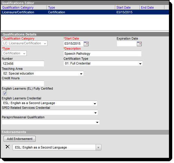 Screenshot of the fields that display when a Qualification Category of Licensure/Certification is selected. 