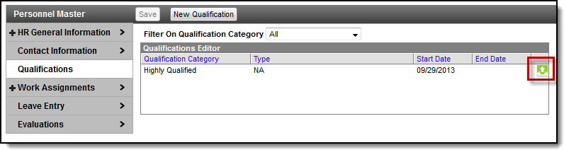 Screenshot highlighting the Documents button for a qualification record. 