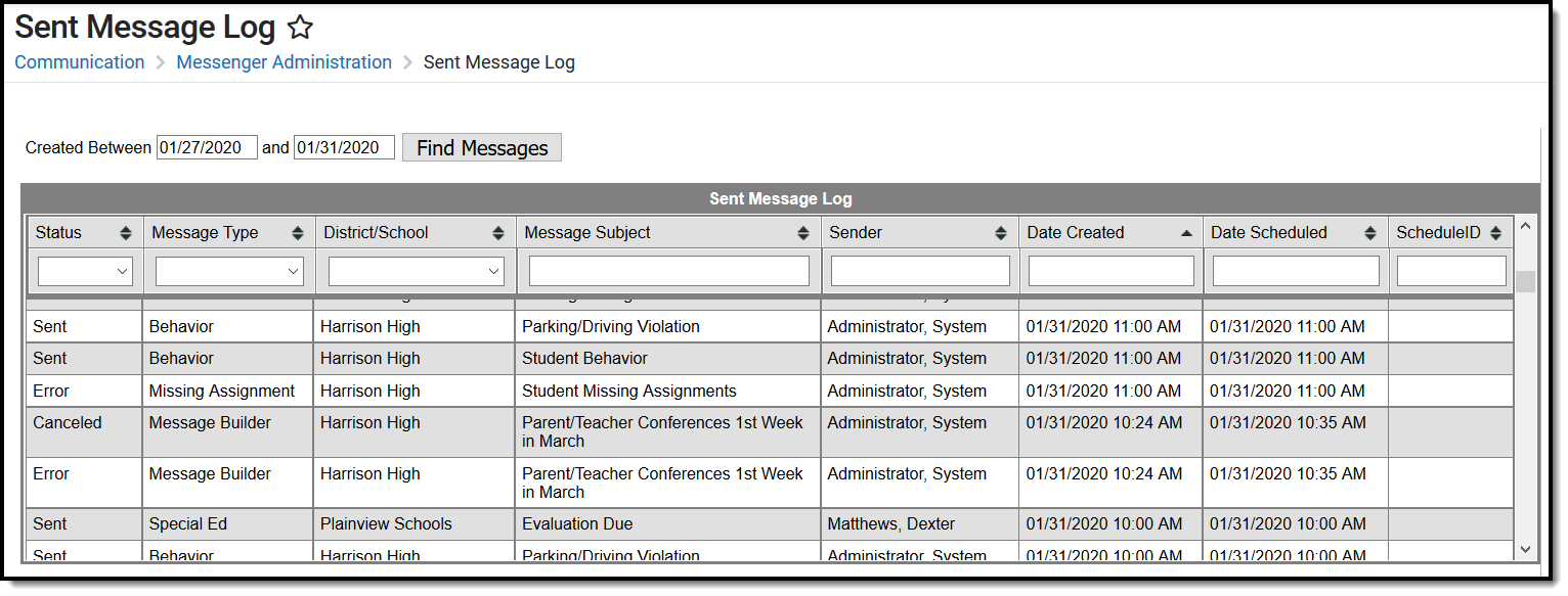 Screenshot of the Sent Message Log tool.