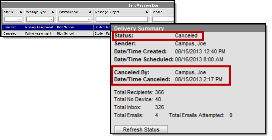 Two-part screenshot showing a canceled message on the Sent Message Log tool and the Delivery Summary window.