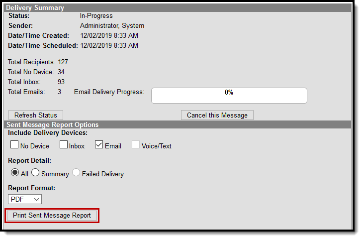 Screenshot of a selected message and the Print Sent Message Report button is highlighted.