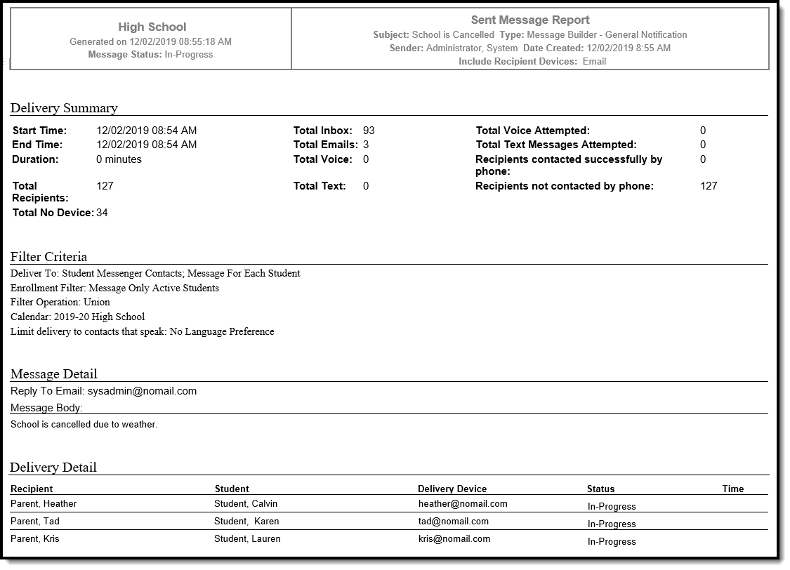 Screenshot showing an example of the Sent Message Report.