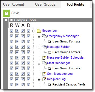 Screenshot of messenger tool rights
